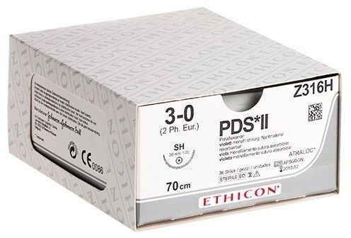 PDS II (полідіаксанон, монофіламентна нитка), розмір USP2/0, колючо-ріжуча (tapercut) голка 36 мм, 1/2 кола, довжина 70 см, фіолетовий