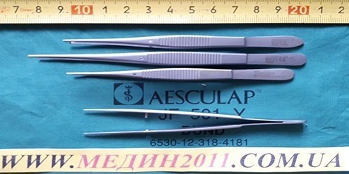 Пинцет (пiнцет) Aesculap (Аэскулап) BD215 R, BD501R, BD302R глазной хирургический 100 мм х 0,6 мм, анатомический 100 мм х 0,6 мм , 115 мм х 0,6 мм матовые.