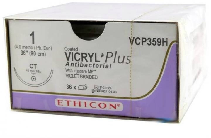 Vicryl plus з покриттям (Антибактеріальний/Поліглактин 910) розмір USP 1, колюча посилена голка 40мм,1/2 кола, довжина 90смфіолетовий 36шт