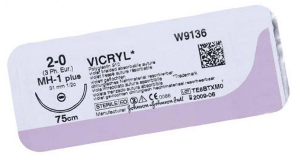 Vicryl з покриттям (поліглактин 910), розмір USP 2.0, колюча голка 31 мм, довжина 75 см, фіолетовий